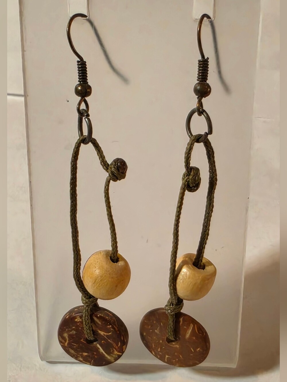 Handcrafted Brown & Cream Drop Earrings - Natural Wood Bead Design
